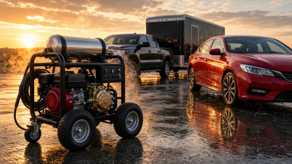 Hot water pressure washer on a wheeled cart in front of a glossy black pickup towing a black enclosed trailer, beside a freshly washed red sedan, on wet pavement at sunset.